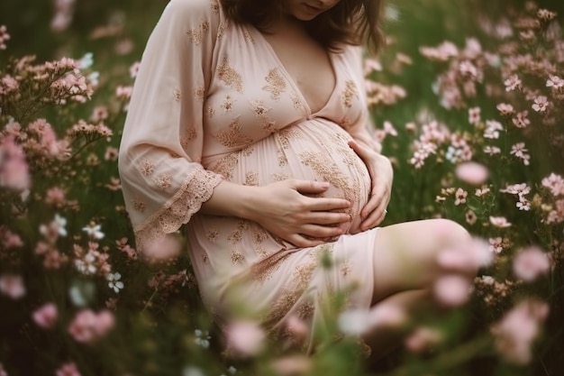 Grossesse maternité heureuse femme enceinte avec gros ventre assis sur un pré de fleurs