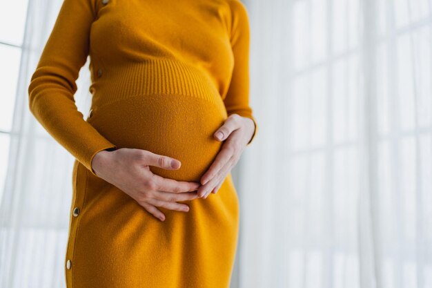 grossesse maternité personnes attente futur femme enceinte mains touchant grand ventre près de la fenêtre