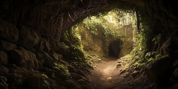 Une grotte avec un arbre vert sur le côté gauche et un chemin à droite.