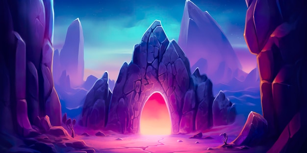 Une grotte au trésor au sommet d'une montagne dans un endroit aride et inhabité dans Night AI Generative