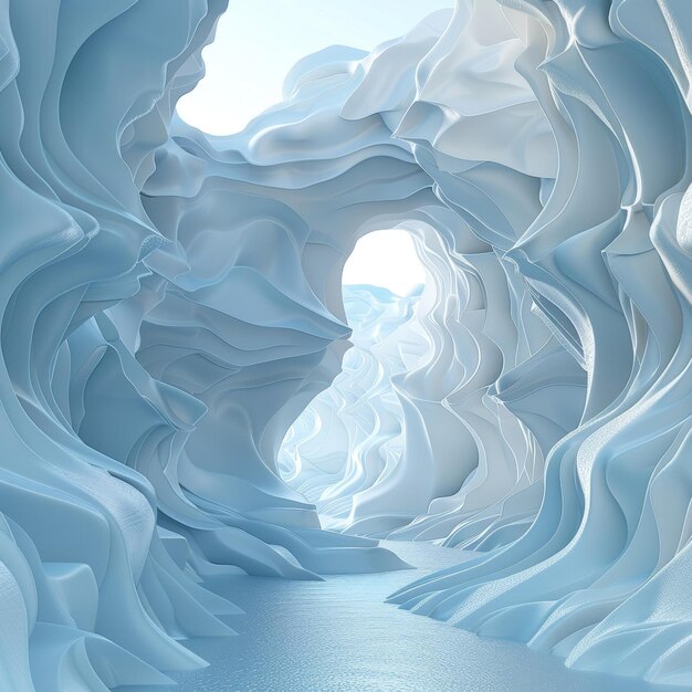 Une grotte bleue glacée avec une rivière qui la traverse.