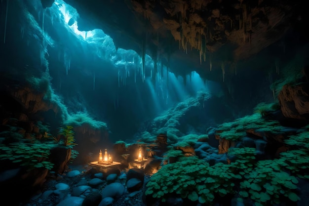 Une grotte avec une bougie allumée dedans