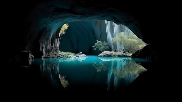 Une grotte avec une cascade et une cascade