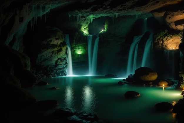 Une grotte avec une cascade et un feu vert