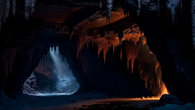 Une grotte avec une cascade et une lumière qui traverse le plafond.