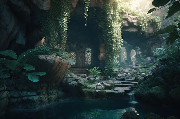 Une grotte avec une cascade et des plantes qui y poussent.