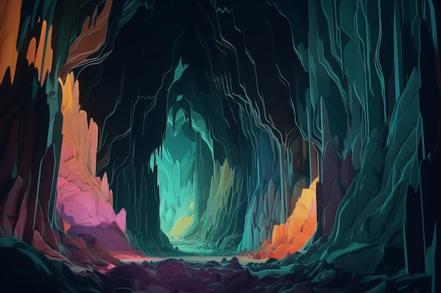 Une grotte colorée avec un fond bleu et orange.