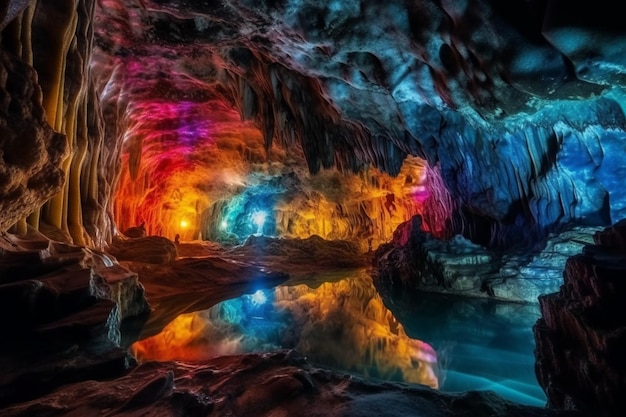 Une grotte colorée avec un lac à l'intérieur