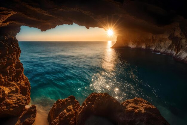 Une grotte avec un coucher de soleil à l'horizon