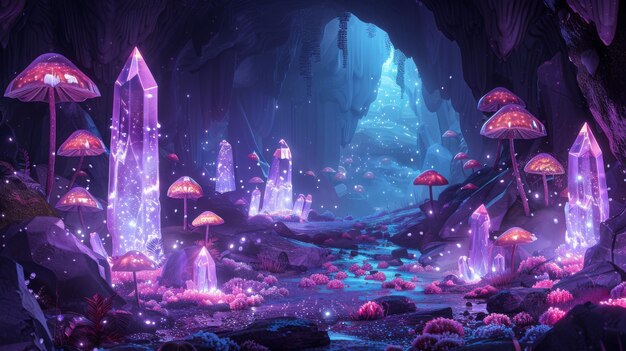 Une grotte de cristal avec des champignons brillants et un trésor caché