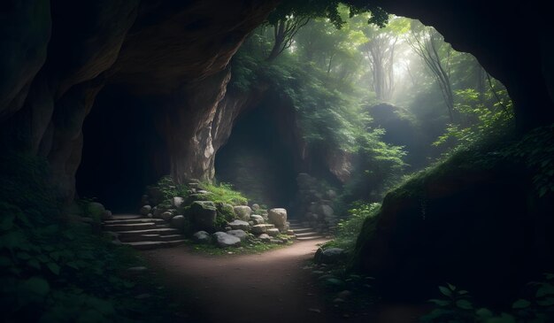 Grotte dans le fond de la forêt fantastique AI générative