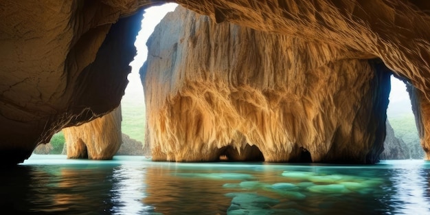 Une grotte avec une eau bleue et le fond est rempli d'eau.