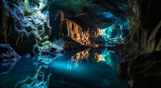 une grotte avec de l'eau bleue