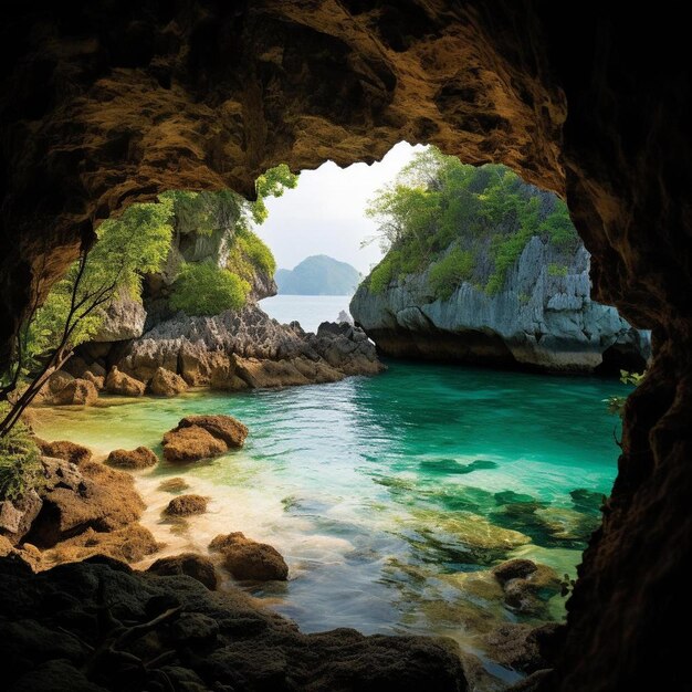 Photo une grotte avec une eau verte et un océan bleu en arrière-plan.