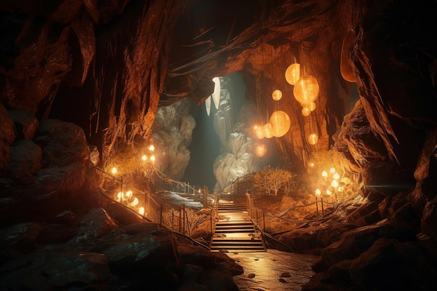 Une grotte avec un escalier menant à l'entrée.