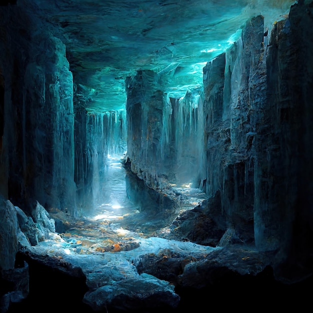 une grotte gelée avec de la glace et une cascade gelée.