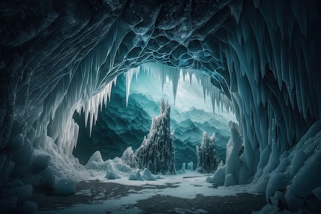 Une grotte gelée avec des glaçons suspendus au plafond et des stalactites poussant à partir du sol créées