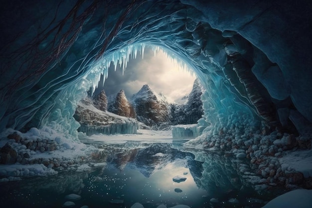 Une grotte gelée avec un lac au milieu entouré de glaçons et de glace scintillante créée avec des genres