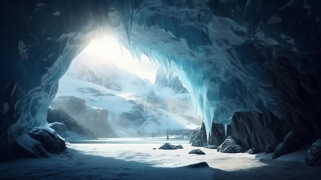 Une grotte gelée avec une personne debout au milieu de l'IA générative
