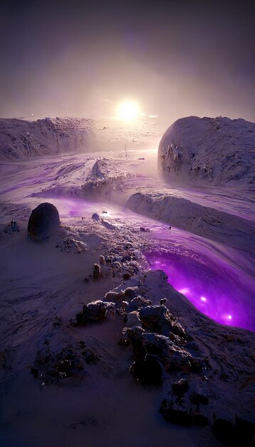 une grotte de glace violette avec une lumière violette dessus