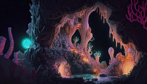 Une grotte avec une grotte et un arbre en arrière-plan