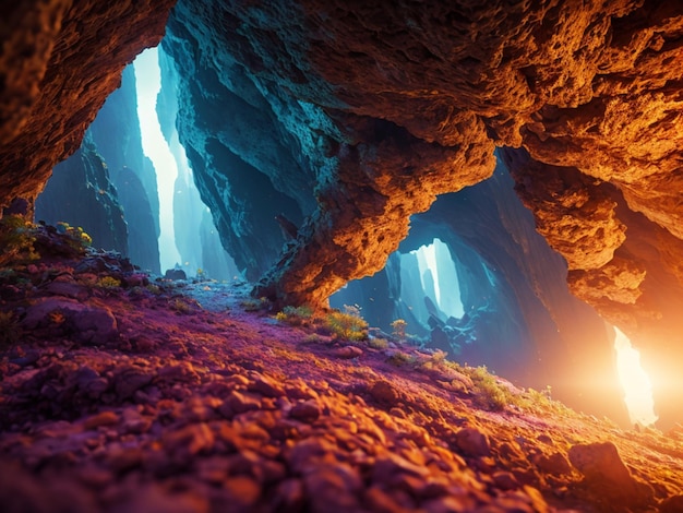 Une grotte avec une lumière bleue au milieu