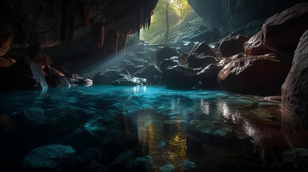 Une grotte avec une lumière qui brille sur l'eau