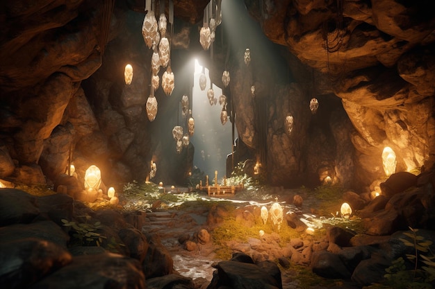 Une grotte avec une lumière qui la traverse et une lumière qui la traverse