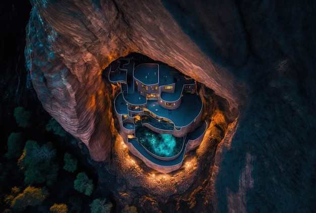 Une grotte avec une maison à l'intérieur qui dit "la grotte"