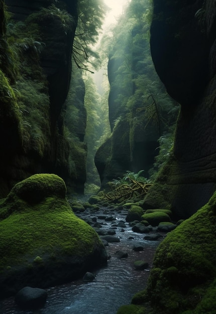 Une grotte moussue verte avec une rivière qui la traverse.