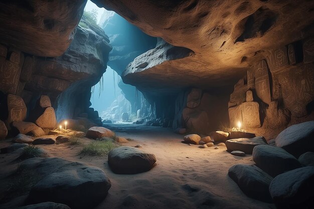 Une grotte mystérieuse avec d'anciens pétroglyphes et des trésors cachés.