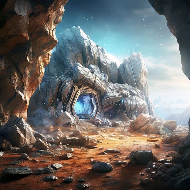 Grotte mystérieuse avec jeux vidéo de construction SciFi Artwork CG numérique