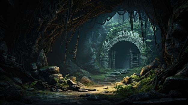 Grotte mystérieuse sombre avec une entrée cachée en arrière-plan créée avec la technologie d'IA générative