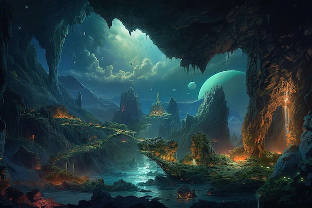 Une grotte avec une planète en arrière-plan
