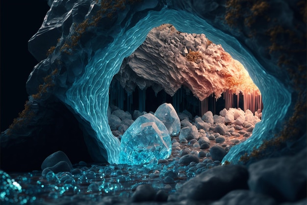 Grotte remplie de beaucoup de glace et de roches Generative Ai