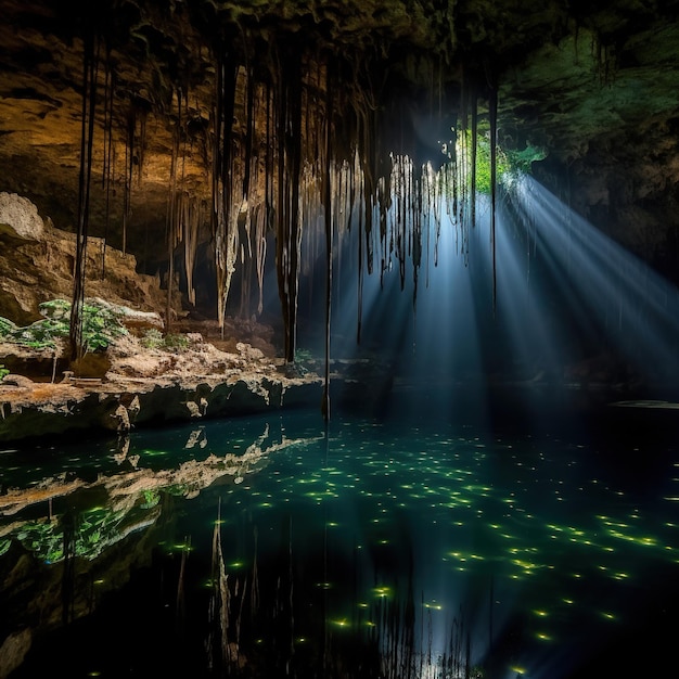 Une grotte avec le soleil qui brille à travers les branches de la grotte