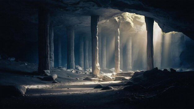 Grotte sombre avec des colonnes et des rayons de lumière illustration 3D