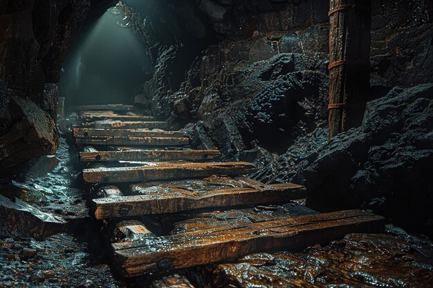 une grotte sombre avec une échelle en bois au milieu