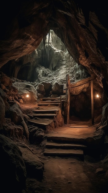 Une grotte sombre avec des escaliers menant aux escaliers.