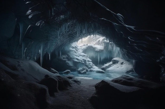 Une grotte sombre avec des glaçons suspendus au plafond