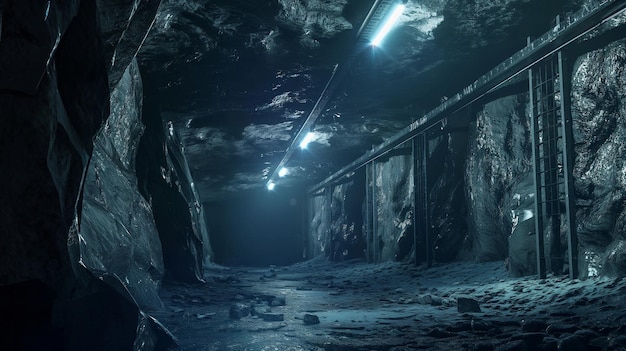 une grotte sombre avec des lumières sur le plafond et un panneau disant tunnel