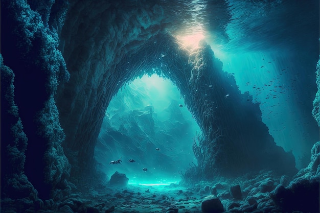 Grotte sous-marine dans le monde sous-marin fantastique Illustration numérique AI