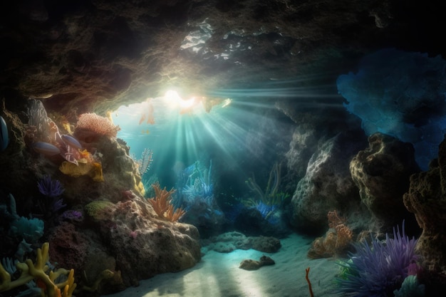 La grotte sous-marine est vue avec une lumière brillante qui passe dans le style du surréalisme photoréaliste IA générative