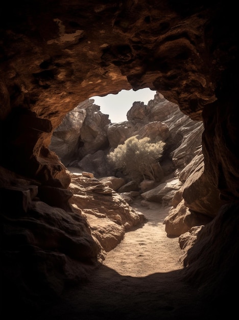 Une grotte avec vue sur le désert et le soleil