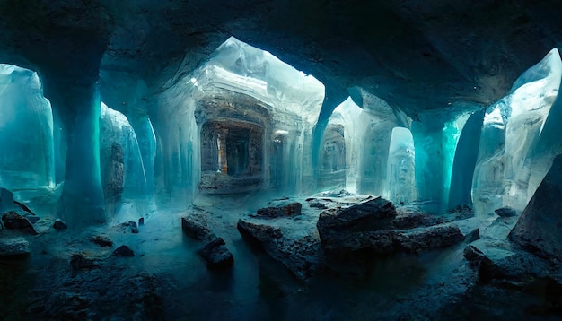 Grottes de fantaisie souterraines de glace abstraite Rayons de lumière dans une grotte de glace sombre Fraîcheur de la glace froide Glace au néon bleu avec illustration 3D humide