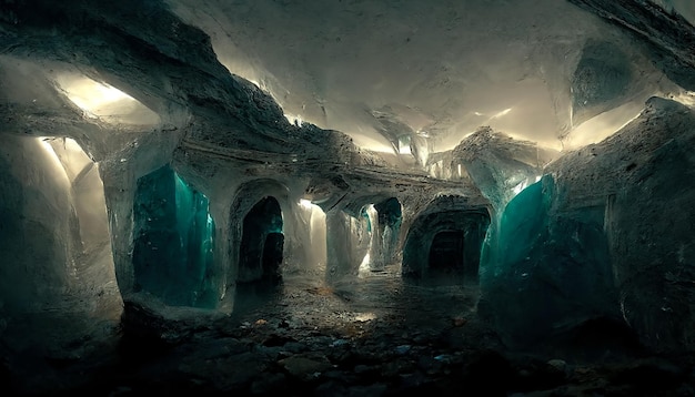 Grottes de fantaisie souterraines de glace abstraite Rayons de lumière dans une grotte de glace sombre Fraîcheur de la glace froide Glace au néon bleu avec illustration 3D humide