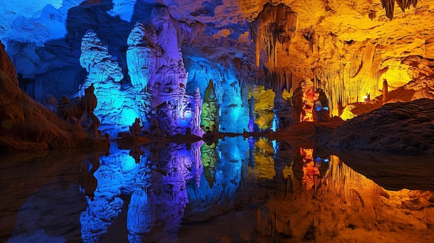 Photo des grottes souterraines ornées de cristaux luminescents de différentes couleurs