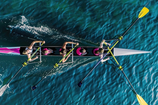 Photo a group of individuals is paddling a boat in the vast ocean