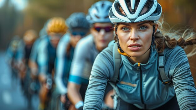 Photo group of people riding bikes down a street generative ai