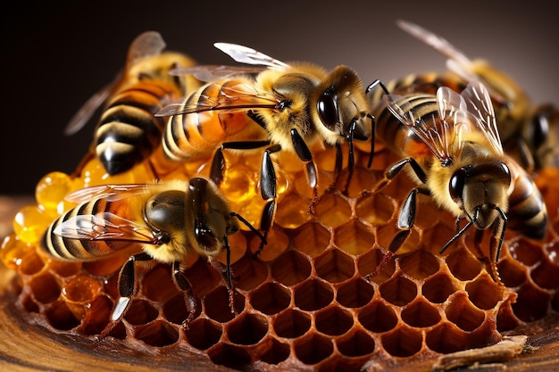 Un groupe d'abeilles qui sont sur un morceau de miel AI